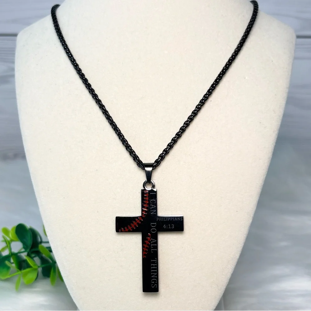 Black and‎ Red Baseball Cross Necklace